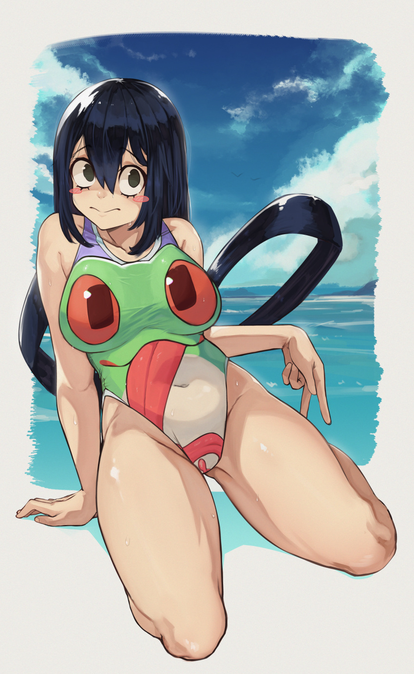 1girl absurdres animal_print asui_tsuyu black_hair blue_sky blush_stickers boku_no_hero_academia breasts brown_eyes casual_one-piece_swimsuit clouds english_commentary frog_print full_body hair_rings highleg highleg_swimsuit highres horizon kneeling kobi420 long_hair medium_breasts ocean one-piece_swimsuit sky solo swimsuit