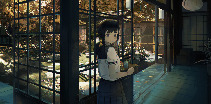 1girl absurdres architecture bangs black_hair black_skirt blunt_bangs bracelet cake commentary_request cup east_asian_architecture food fruit garden geki_dan grey_eyes highres holding holding_tray jewelry leaf looking_at_viewer looking_back mouth_hold original plate pleated_skirt rock scenery school_uniform serafuku shirt short_sleeves skirt sliding_doors solo spoon strawberry teacup tray uniform utensil_in_mouth white_shirt wind_chime wooden_floor