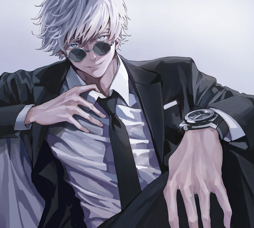 1boy absurdres black_jacket black_neckwear blue_eyes eyebrows_behind_hair formal gojou_satoru grey_background hand_on_own_chest highres hublot jacket jujutsu_kaisen koh_(minagi_kou) male_focus necktie parted_lips round_eyewear smile solo suit sunglasses watch watch white_hair