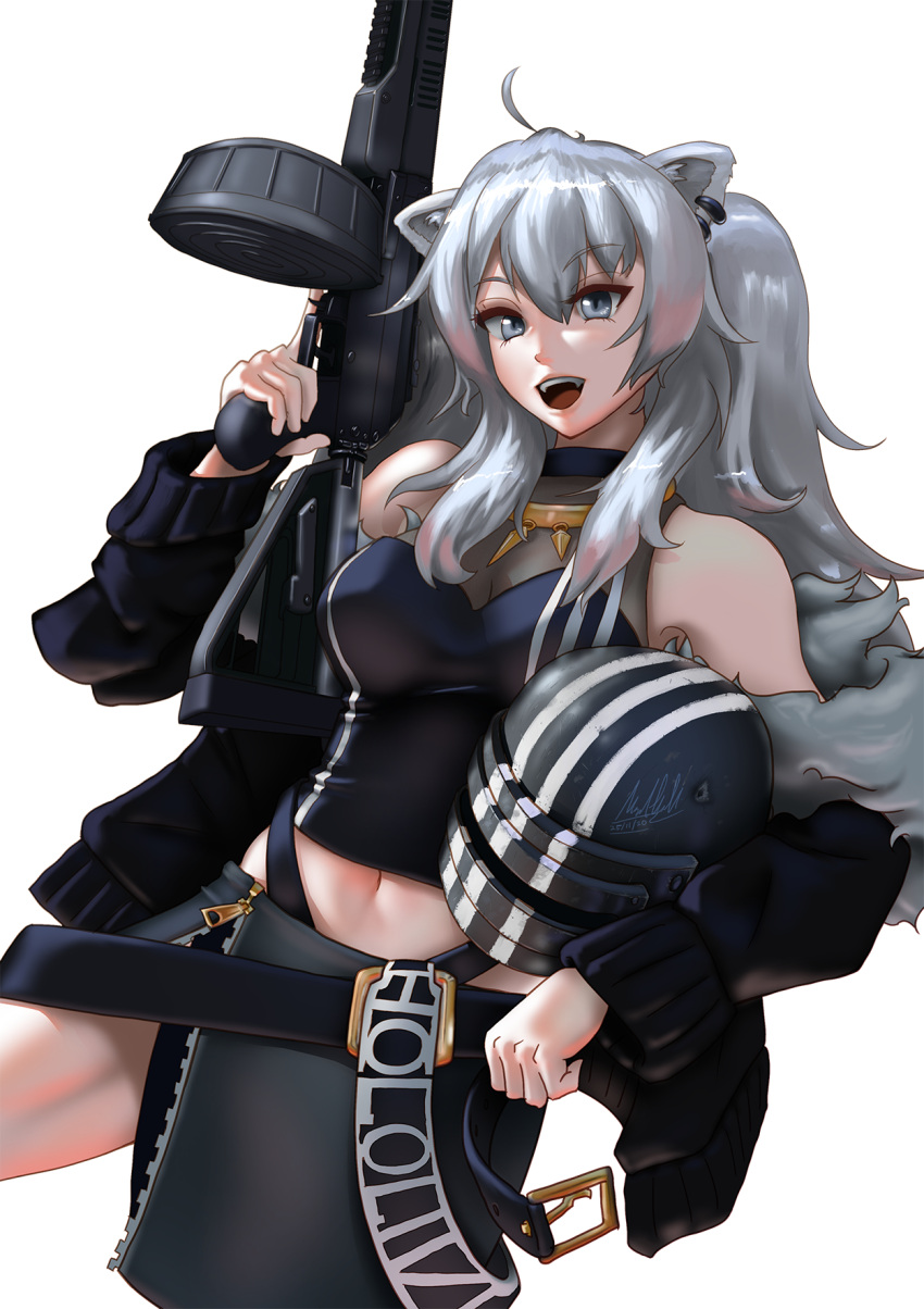 1girl adidas animal_ears assault_rifle bare_shoulders belt belt_buckle black_jacket black_pants breasts buckle commentary cosplay crossover drum_magazine english_commentary escape_from_tarkov eyebrows_visible_through_hair fangs fur-trimmed_jacket fur_trim grey_eyes gun hair_between_eyes highres hololive jacket jewelry killa_(escape_from_tarkov) killa_(escape_from_tarkov)_(cosplay) killa_helmet large_breasts lion_ears lion_girl long_hair looking_at_viewer navel necklace open_mouth pants rifle rpk-16 shirt shishiro_botan silver_hair solo ssgt-lulz trigger_discipline virtual_youtuber weapon white_background zipper