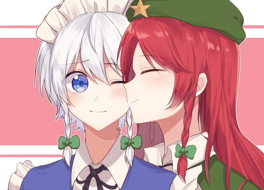 2girls beret blue_eyes blush braid cheek_kiss closed_eyes hat hat_ornament hong_meiling izayoi_sakuya kiss liangyilin maid maid_headdress multiple_girls one_eye_closed redhead silver_hair star_(symbol) star_hat_ornament touhou twin_braids yuri