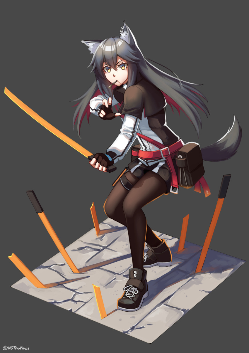 1girl animal_ear_fluff animal_ears arknights bangs black_footwear black_gloves black_hair black_shorts brown_eyes brown_legwear commentary_request ear_piercing eyebrows_visible_through_hair fingerless_gloves food food_in_mouth full_body gloves grey_background hair_between_eyes highres holding holding_sword holding_weapon jacket legwear_under_shorts long_hair long_sleeves mouth_hold multicolored_hair ndtwofives pantyhose piercing planted_sword planted_weapon pocky redhead shoes short_shorts shorts simple_background solo standing sword tail texas_(arknights) twitter_username two-tone_hair v-shaped_eyebrows very_long_hair weapon white_jacket wolf_ears wolf_girl wolf_tail