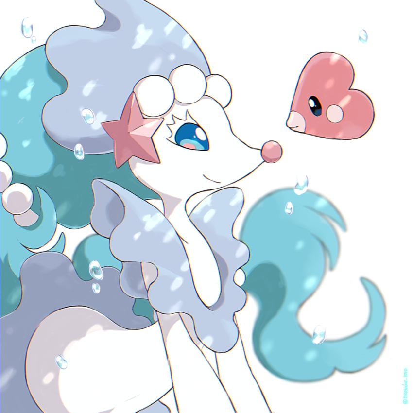 1girl black_eyes blank_eyes blue_eyes blue_hair blush_stickers bubble chromatic_aberration closed_mouth collarbone colored_skin commentary_request eye_contact fish flat_chest from_side full_body gen_3_pokemon gen_7_pokemon happy heart highres long_hair looking_at_another luvdisc pearl_(gemstone) pokemon pokemon_(creature) primarina rorosuke sideways_mouth simple_background smile starfish tied_hair underwater upper_body very_long_hair white_background white_skin