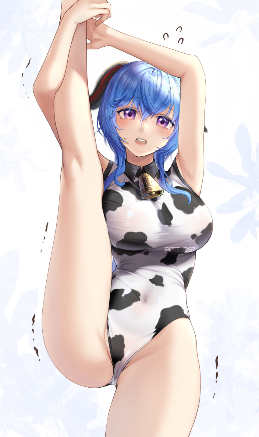 1girl absurdres animal_print armpits artist_name bangs bare_legs bell blue_hair breasts commentary cow_print cowbell flying_sweatdrops ganyu_(genshin_impact) genshin_impact goat_horns hair_between_eyes highres horns kneepits large_breasts leg_up leotard long_hair looking_at_viewer neck_bell open_mouth potetos7 print_leotard round_teeth simple_background solo split standing standing_on_one_leg standing_split tearing_up teeth trembling upper_teeth violet_eyes white_background