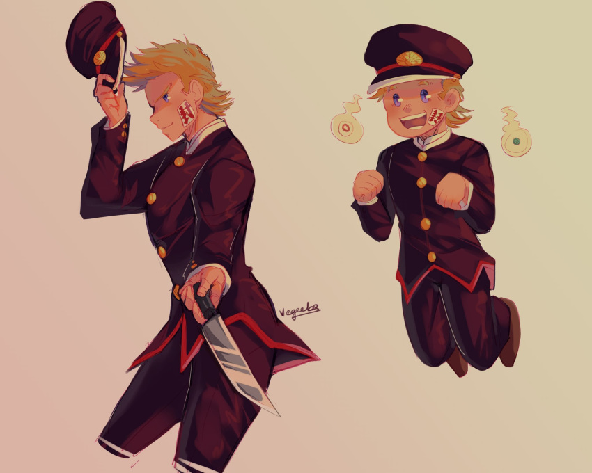 1boy addy_(@vegeebs) alternate_costume black_pants blonde_hair blue_eyes boku_no_hero_academia buttons chibi cosplay cropped_legs floating gakuran hanako_(jibaku_shounen_hanako-kun) hanako_(jibaku_shounen_hanako-kun)_(cosplay) hat hat_removed headwear_removed highres holding holding_knife jibaku_shounen_hanako-kun knife looking_at_viewer male_focus open_mouth pants school_uniform short_hair smile spiky_hair spirit thighs togata_mirio toned toned_male