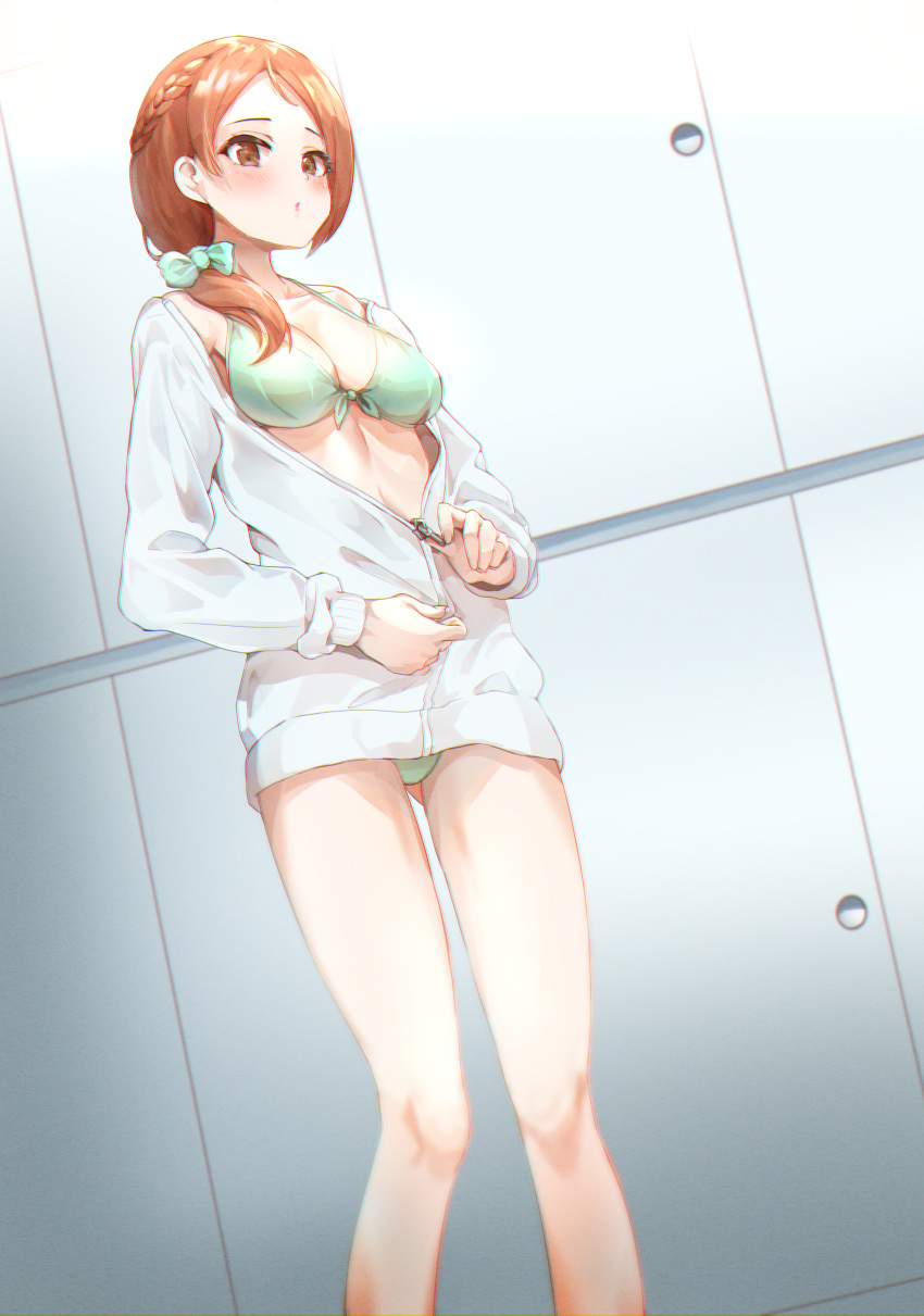 1girl :o absurdres blush bow bow_bra bra braid breasts brown_eyes brown_hair chromatic_aberration collarbone dutch_angle feet_out_of_frame green_bow green_bra green_panties hair_bow highres houjou_karen huge_filesize idolmaster idolmaster_cinderella_girls indoors long_hair long_sleeves medium_breasts no_pants panties pantyshot pharamacom shirt solo standing sweatshirt underwear white_shirt zipper