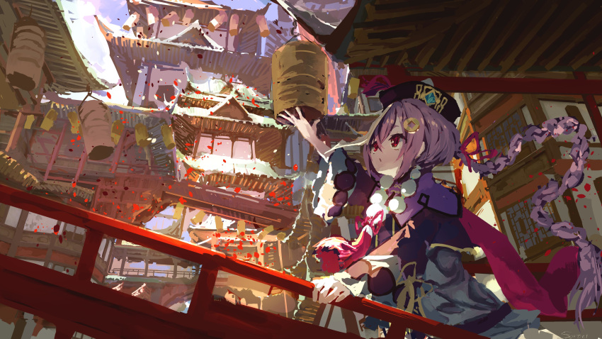 1girl :o absurdres architecture arm_up backlighting bead_necklace beads bell_sleeves braid braided_ponytail bridge coin_hair_ornament commentary east_asian_architecture genshin_impact hat highres holding_railing jewelry jiangshi lantern long_hair mandarin_collar necklace ofuda outdoors paper_lantern parted_lips petals purple_hair purple_headwear qing_guanmao qiqi railing red_eyes scenery shaded_face solo sorrowny upper_body vision_(genshin_impact)