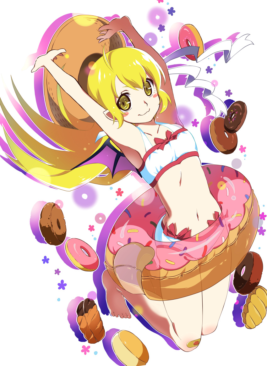 1girl absurdres armpits arms_up barefoot blonde_hair blue_dress blush_stickers dress fang highres innertube long_hair looking_at_viewer monogatari_(series) msmrdaaaaa oshino_shinobu pointy_ears short_dress shoulder_blush smile solo yellow_eyes