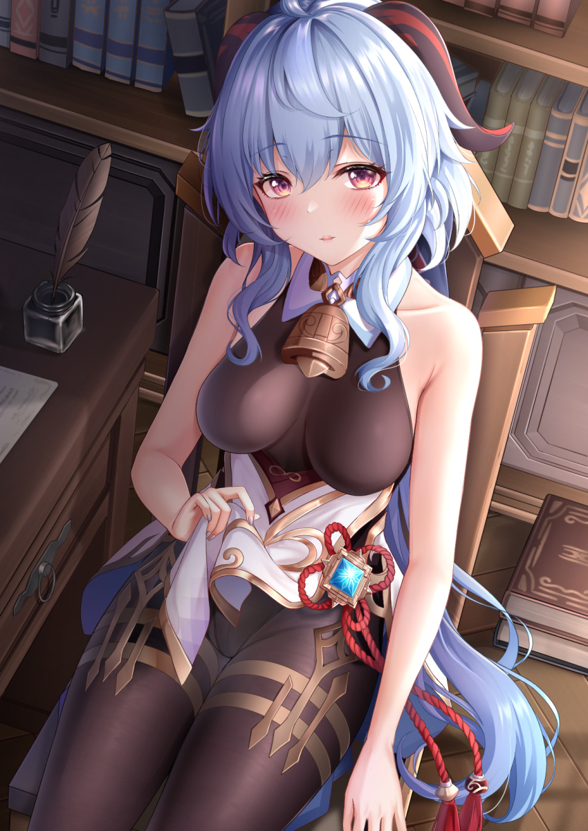 1girl aqua_hair bangs bare_arms bare_shoulders bell blush book bookshelf breasts brown_bodysuit chair commentary_request desk eyebrows_visible_through_hair ganyu_(genshin_impact) genshin_impact grey_nails highres horns inkwell jewelry karu_(qqqtyann) long_hair looking_at_viewer medium_breasts nail_polish paper pendant quill reward_available sidelocks sitting sleeveless sleeveless_bodysuit solo violet_eyes