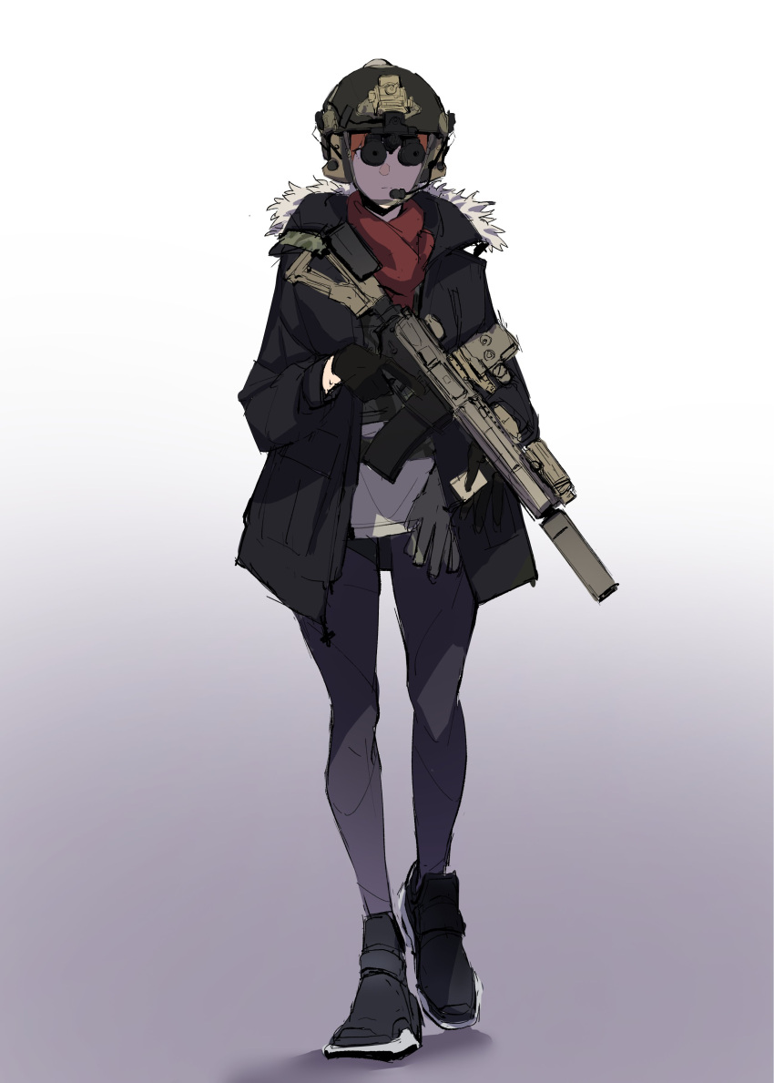 1girl absurdres assault_rifle black_coat black_footwear black_gloves black_headwear closed_mouth coat ear_protection full_body fur-trimmed_coat fur_trim gloves grey_pants gun helmet highres looking_at_viewer m4_carbine night_vision_device orange_hair original pants pen_guin15 red_scarf rifle scarf short_hair simple_background sketch solo tactical_clothes trigger_discipline weapon white_background