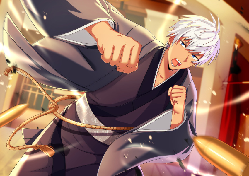 1boy absurdres blue_eyes bullet clenched_hands eyebrows_visible_through_hair helios_rising_heroes highres indoors japanese_clothes kimono long_sleeves looking_at_viewer nekomaru004 obi official_style open_mouth oscar_bale punching sash short_hair solo white_hair wide_sleeves