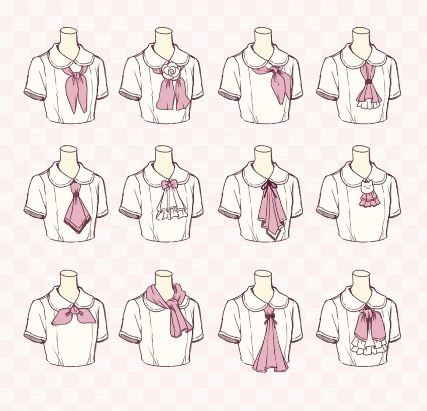 6+girls ascot checkered checkered_background collared_shirt cropped_torso flower highres multiple_girls neckerchief original pink_background pink_neckwear rose sakura_oriko shirt short_sleeves white_flower white_rose white_shirt