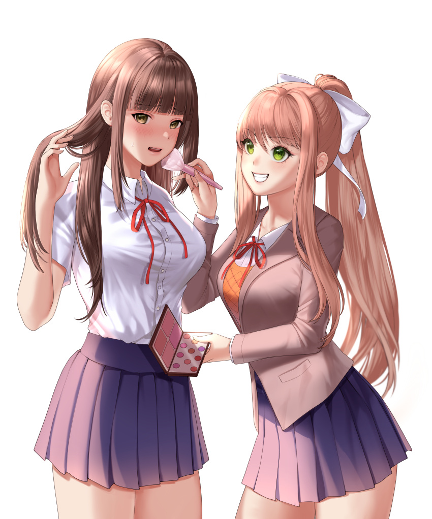 2girls absurdres bangs blue_skirt blunt_bangs blush breasts brown_hair commentary doki_doki_literature_club dress_shirt english_commentary genderswap genderswap_(mtf) green_eyes grey_jacket grin hair_ribbon highres jacket large_breasts long_hair long_sleeves looking_at_another makeup_brush monika_(doki_doki_literature_club) multiple_girls neck_ribbon parted_lips pleated_skirt ponytail potetos7 protagonist_(doki_doki_literature_club) red_eyes red_ribbon ribbon school_uniform shirt short_sleeves sidelocks simple_background skirt smile teeth white_background white_ribbon white_shirt wing_collar yellow_eyes