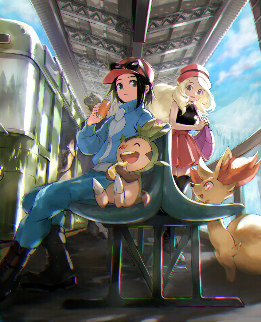 2boys 2girls baseball_cap bench black-framed_eyewear black_footwear black_legwear black_shirt blonde_hair blue_jacket boots calem_(pokemon) can chespin closed_mouth clouds collared_shirt commentary_request day eyewear_on_headwear fence fennekin floating_hair gen_6_pokemon green_pants grey_eyes hand_up hat highres holding holding_can jacket long_sleeves multiple_boys multiple_girls open_mouth orange_mikan outdoors pants pink_headwear pleated_skirt pokemon pokemon_(creature) pokemon_(game) pokemon_xy purple_bag red_headwear red_skirt serena_(pokemon) shirt shoes sitting skirt sky sleeveless sleeveless_shirt smile starter_pokemon sunglasses thigh-highs