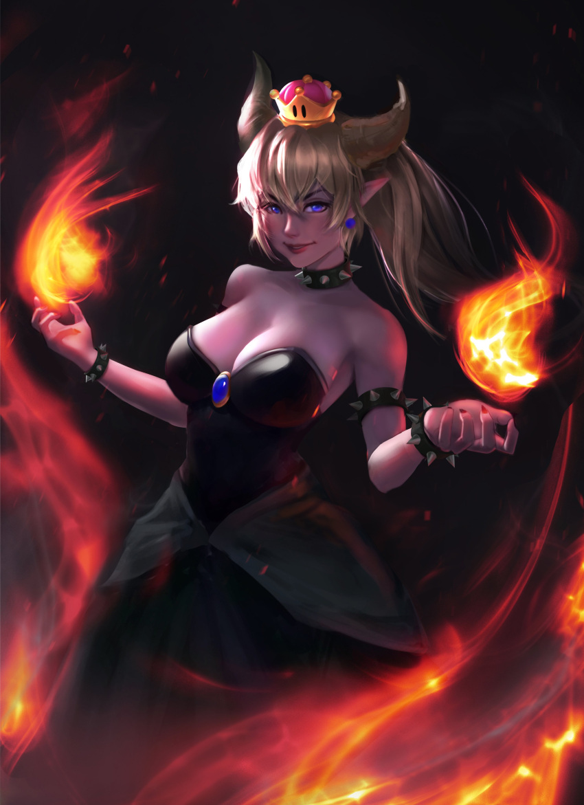 1girl absurdres bangs bare_shoulders black_collar black_dress blonde_hair blue_eyes bowsette bracelet breasts brooch collar commentary crown dress earrings english_commentary eyebrows_visible_through_hair fingernails fire floating_hair hair_between_eyes hands_up highres horns jewelry large_breasts lips long_dress long_hair looking_at_viewer super_mario_bros. mattikarp new_super_mario_bros._u_deluxe parted_lips pointy_ears sharp_fingernails sidelocks smile solo spiked_armlet spiked_bracelet spiked_collar spikes strapless strapless_dress super_crown
