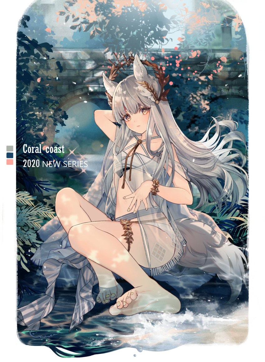 1girl animal_ear_fluff animal_ears arknights arms_behind_back bare_legs barefoot bikini blush camunekoz cloak criss-cross_halter feet flower halterneck highres horse_ears horse_girl horse_tail knees_up laurel_crown legs long_hair looking_at_viewer navel official_alternate_costume outdoors petals platinum_(arknights) platinum_(sunny_dew)_(arknights) silver_hair sitting soles solo stomach swimsuit tail toes underwear water white_bikini white_cloak