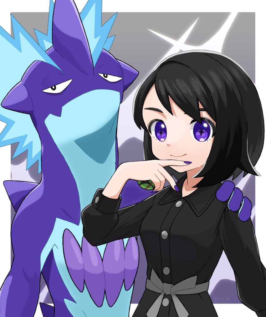 +_+ 1girl alternate_eye_color alternate_hair_color bangs black_dress black_hair buttons closed_mouth collared_dress commentary_request dress dusk_ball ebiura_akane gen_8_pokemon gloria_(pokemon) hand_on_another's_shoulder hand_up highres holding holding_poke_ball nail_polish poke_ball pokemon pokemon_(creature) pokemon_(game) pokemon_swsh purple_nails sash short_hair smile toxtricity toxtricity_(low_key) violet_eyes