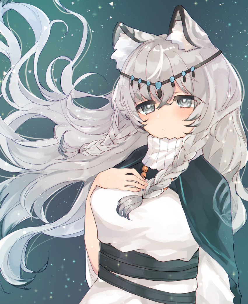 1girl animal_ear_fluff animal_ears arknights bead_necklace beads black_cloak blue_background blush braid breasts circlet cloak closed_mouth commentary eyebrows_visible_through_hair grey_eyes hair_between_eyes hand_on_own_chest highres jewelry leopard_ears light_particles long_hair looking_at_viewer medium_breasts necklace pramanix_(arknights) side_braids silver_hair simple_background solo strap sweater tomatoritori twin_braids upper_body white_sweater wind