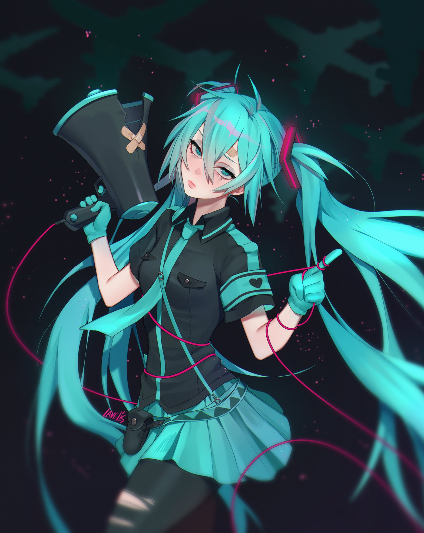 1girl aircraft airplane black_legwear black_shirt blue_eyes blue_gloves blue_hair blue_skirt blurry blush closed_mouth commentary cowboy_shot depth_of_field english_commentary finger_on_trigger gloves hair_between_eyes hand_up hands_up hatsune_miku head_tilt heart heart_print highres holding holding_megaphone index_finger_raised lavelis long_hair looking_at_viewer megaphone miniskirt pantyhose pouch shirt short_sleeves signature skirt solo string string_of_fate torn_clothes torn_legwear twintails very_long_hair vocaloid