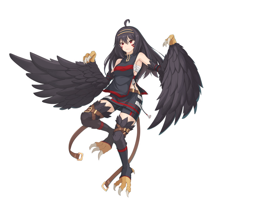 1girl absurdres ahoge belt black_feathers black_hair claws commentary commentary_request english_commentary eyebrows_visible_through_hair facial_mark feathered_wings feathers hairband harpy highres jkus93 kneehighs mixed-language_commentary monster_girl original red_eyes sarashi shorts shorts_under_skirt simple_background solo stirrup_legwear talons toeless_legwear white_background winged_arms wings