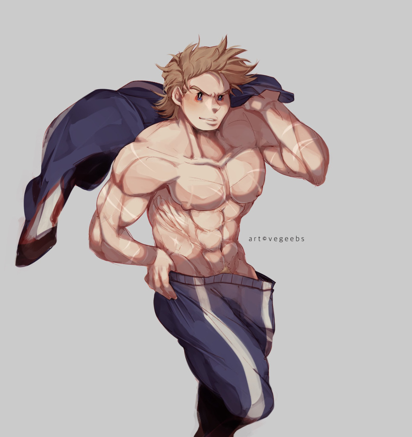 1boy abs addy_(@vegeebs) blonde_hair blue_eyes blue_pants boku_no_hero_academia cropped_legs highres jacket jacket_removed looking_at_viewer male_focus muscular muscular_male navel nipples pants pectorals scar_on_arm shirtless short_hair solo spiky_hair thighs togata_mirio track_jacket track_pants
