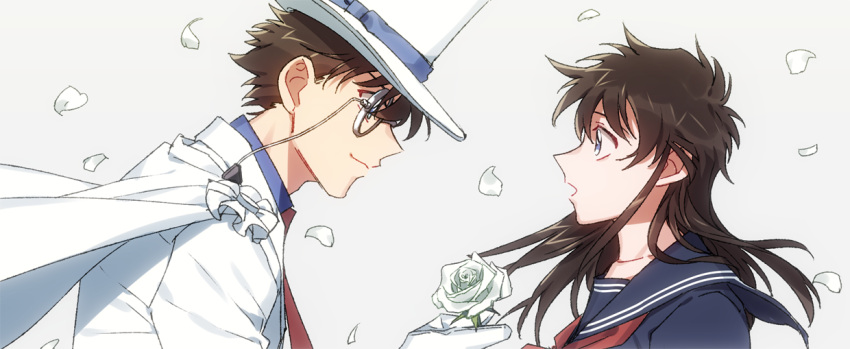 1boy 1girl bangs blue_eyes blue_sailor_collar blue_shirt brown_hair cape closed_mouth collarbone collared_shirt commentary_request dress_shirt eye_contact flower formal giving gloves grey_background hat hetero holding holding_flower k_(gear_labo) kaitou_kid long_hair looking_at_another magic_kaito monocle monocle_chain nakamori_aoko neckerchief necktie open_mouth profile red_neckwear rose sailor_collar school_uniform serafuku shirt short_hair simple_background smile suit top_hat upper_body white_flower white_gloves white_headwear white_rose white_suit
