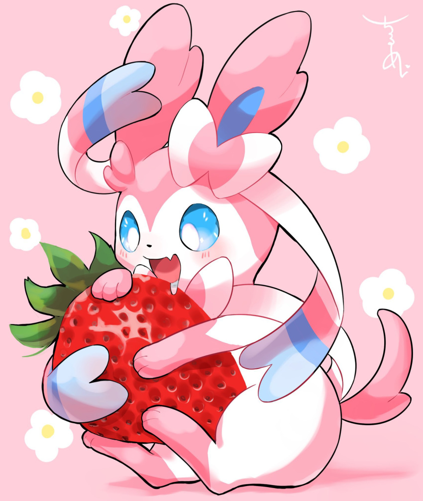 blue_eyes blush commentary_request creature drooling fang floral_background food fruit gen_6_pokemon highres holding no_humans open_mouth paws pink_background pokemon pokemon_(creature) saliva skin_fang smile solo strawberry surumeika_(ninfiiiir) sylveon toes tongue