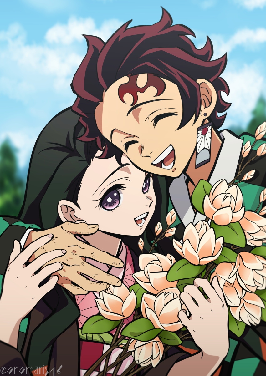 1boy 1girl :d black_hair brown_hair checkered closed_eyes earrings hair_ribbon haori highres japanese_clothes jewelry kamado_nezuko kamado_tanjirou kimetsu_no_yaiba kimono long_hair long_sleeves looking_at_viewer official_style onomari546 open_mouth pink_eyes pink_kimono ribbon scar scar_on_face scar_on_forehead smile very_long_hair