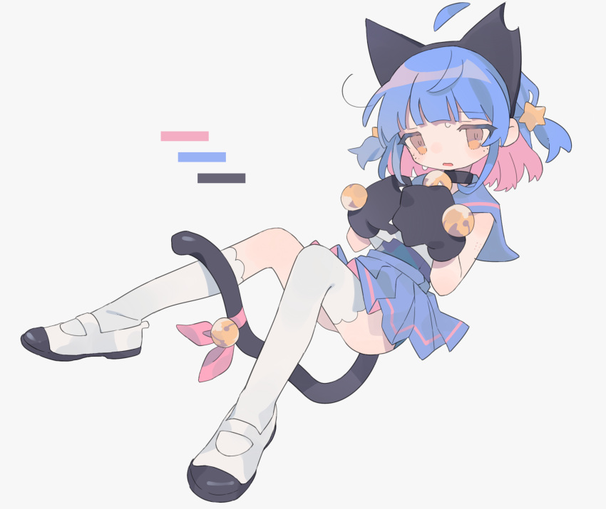 1girl ahoge animal_ears asymmetrical_legwear bangs bell bell_choker between_legs black_choker black_gloves black_hairband blouse blue_hair blue_sailor_collar blue_skirt blunt_bangs cat_ears cat_tail choker color_guide colored_inner_hair daizu_(melon-lemon) fake_animal_ears floating_hair from_side full_body gloves grey_background hair_ornament hairband hands_together hands_up highres jingle_bell kneehighs knees_up light_brown_eyes looking_at_viewer looking_to_the_side miniskirt multicolored_hair no_nose original own_hands_together parted_lips paw_gloves paws pink_hair pink_ribbon pleated_skirt ribbon sailor_collar school_uniform serafuku shoes short_hair simple_background single_kneehigh single_thighhigh skirt solo star_(symbol) star_hair_ornament sweat swimsuit swimsuit_under_clothes tail tail_bell tail_between_legs tail_ornament tail_ribbon thigh-highs two-tone_hair two_side_up uwabaki white_blouse white_footwear white_legwear