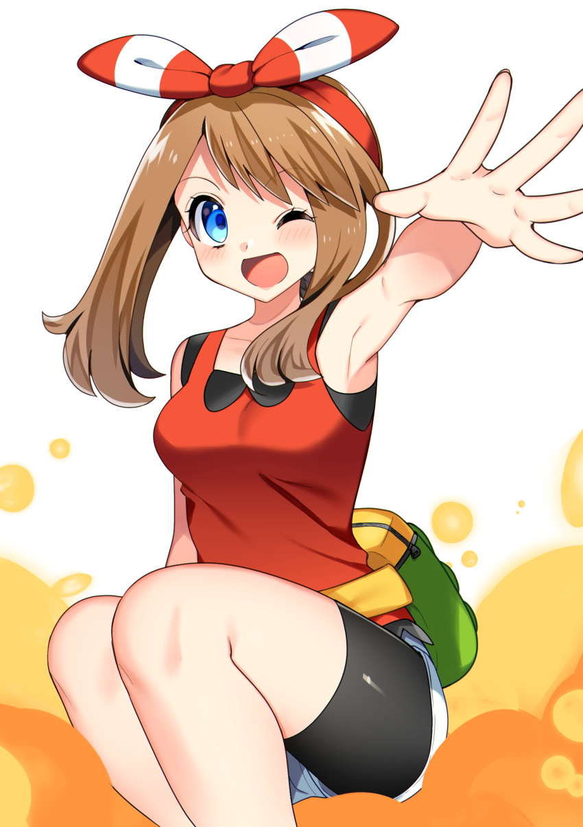 1girl absurdres armpits bangs bike_shorts blue_eyes blush bow_hairband breasts brown_hair commentary_request eyebrows_visible_through_hair fanny_pack hairband highres knees legs_together may_(pokemon) one_eye_closed open_mouth pokemon pokemon_(game) pokemon_oras red_hairband red_shirt shirt shorts sleeveless sleeveless_shirt smile solo spread_fingers tongue yuihico