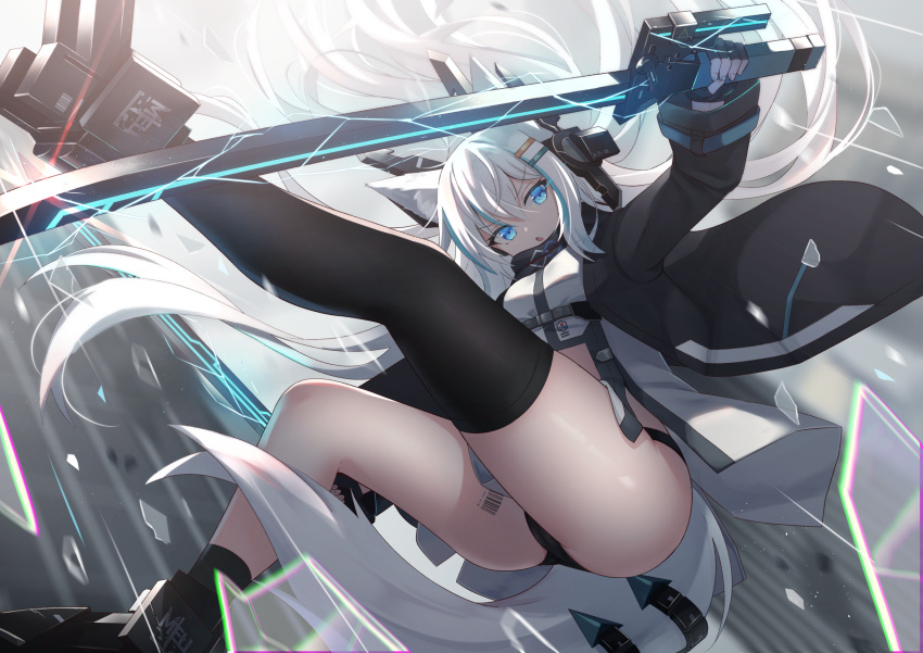 1girl animal_ears ass asymmetrical_legwear bare_legs black_coat black_legwear black_panties blue_eyes boots coat dress fox_ears fox_girl fox_tail hair_ornament hairclip highres holding holding_sword holding_weapon lightning long_hair long_sleeves looking_at_viewer midriff mirufuaa open_clothes open_coat open_mouth original panties revealing_clothes short_dress single_thighhigh socks solo sword tail thigh-highs thighs underwear v-shaped_eyebrows very_long_hair weapon white_dress white_hair
