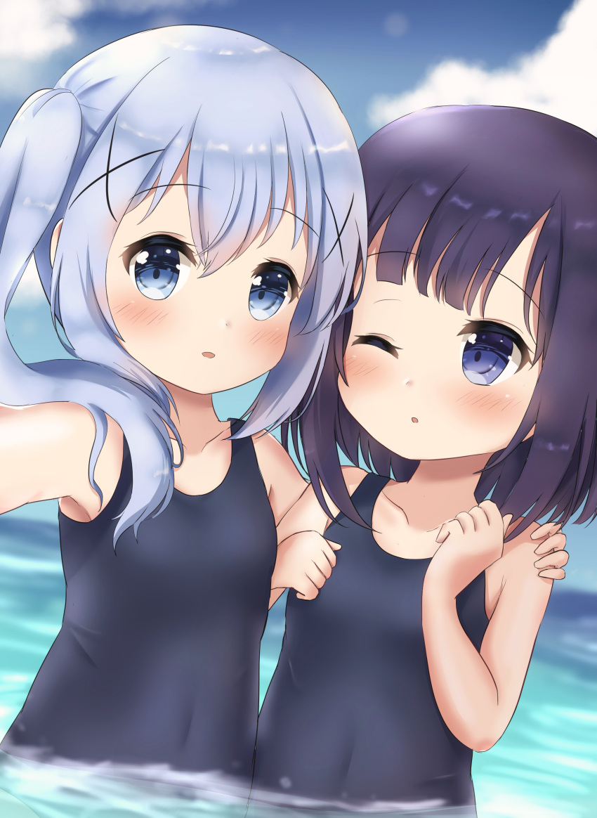 2girls absurdres arm_around_shoulder black_hair blue_eyes blue_hair blue_swimsuit blush clouds covered_navel face-to-face fuiba_fuyu gochuumon_wa_usagi_desu_ka? hair_ornament hairclip highres kafuu_chino long_hair multiple_girls one-piece_swimsuit one_eye_closed outdoors outstretched_arm partially_submerged school_swimsuit self_shot shinonome_meguri short_hair side_ponytail sky swimsuit upper_body wading water