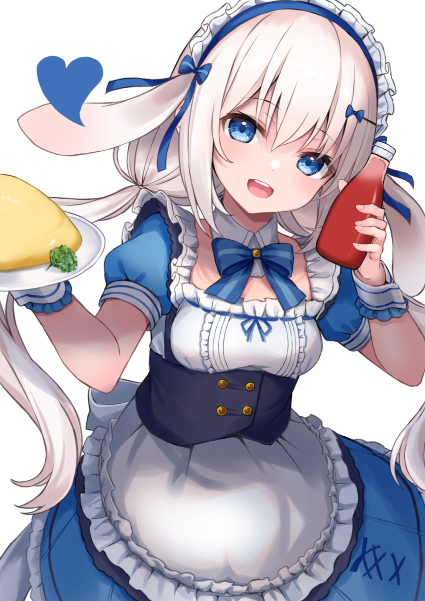 1girl :d absurdres animal_ears apron bangs blue_bow blue_dress blue_eyes bottle bow breasts commentary_request dress eyebrows_visible_through_hair floppy_ears food frilled_apron frilled_dress frills hair_between_eyes hair_bow hair_ornament hairclip hashiko_nowoto heart highres holding holding_bottle holding_plate ketchup_bottle long_hair looking_at_viewer low_twintails maid_headdress medium_breasts omurice open_mouth original plate puffy_short_sleeves puffy_sleeves rabbit_ears short_sleeves simple_background smile solo twintails upper_teeth very_long_hair waist_apron white_apron white_background white_hair