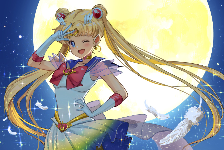 1girl ;d bishoujo_senshi_sailor_moon bishoujo_senshi_sailor_moon_crystal blonde_hair blue_eyes blue_sailor_collar bow bowtie chesuke circlet collarbone double_bun elbow_gloves floating_hair gloves gradient_skirt hair_intakes hand_on_hip highres long_hair looking_at_viewer miniskirt moon multicolored multicolored_clothes multicolored_skirt one_eye_closed open_mouth pleated_skirt red_bow red_neckwear sailor_collar sailor_moon sailor_senshi_uniform shiny shiny_hair shirt skirt sleeveless sleeveless_shirt smile solo standing super_sailor_moon twintails very_long_hair w white_feathers white_gloves white_shirt