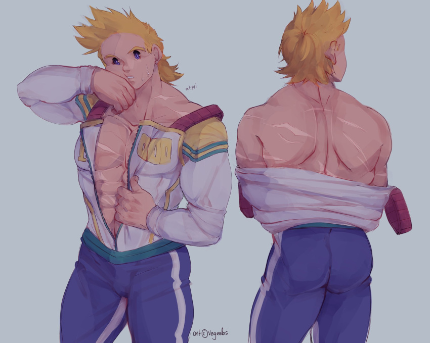 1boy abs addy_(@vegeebs) ass bare_back bare_pecs blonde_hair blue_eyes boku_no_hero_academia bulge cheek_bulge cowboy_shot from_behind highres jacket male_focus multiple_views muscular muscular_male open_clothes open_jacket pants pectorals scar scar_on_arm scar_on_back scar_on_chest short_hair spiky_hair stomach thick_thighs thighs tight tight_pants togata_mirio wiping_face zipper