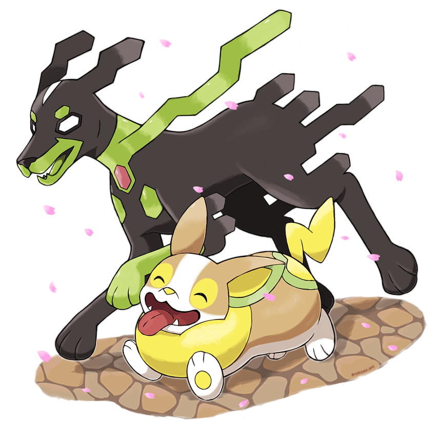 :3 ^_^ animal_focus artist_name blank_eyes closed_eyes commentary_request dog fangs full_body gen_6_pokemon gen_8_pokemon happy highres legendary_pokemon no_humans open_mouth outline petals pokemon pokemon_(creature) rorosuke running smile tongue tongue_out twitter_username white_eyes yamper zygarde zygarde_(10)
