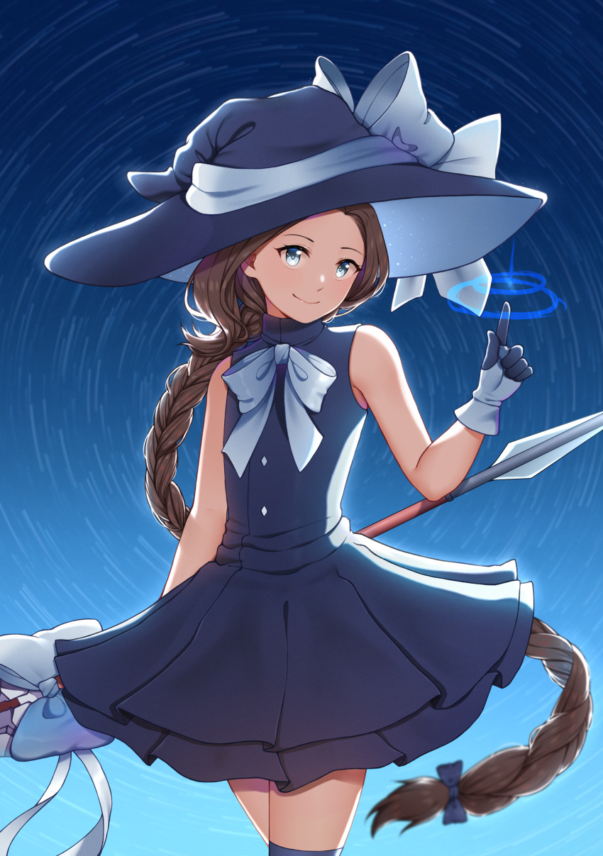 1girl absurdres bare_shoulders black_dress blue_eyes borrowed_character braid brown_hair commentary cowboy_shot dress english_commentary forehead gloves hat hat_ribbon highres index_finger_raised long_hair looking_at_viewer neck_ribbon newmoonshira original parted_lips ribbon single_braid sleeveless sleeveless_dress smile solo staff turtleneck_dress very_long_hair witch_hat