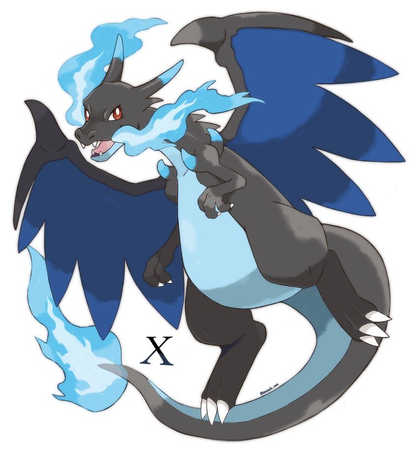 absurdres artist_name blue_fire charizard claws collarbone commentary_request dragon fangs fire full_body gen_1_pokemon highres mega_charizard_x mega_pokemon no_humans open_mouth pokemon pokemon_(creature) red_eyes rorosuke simple_background solo tongue twitter_username white_background wings