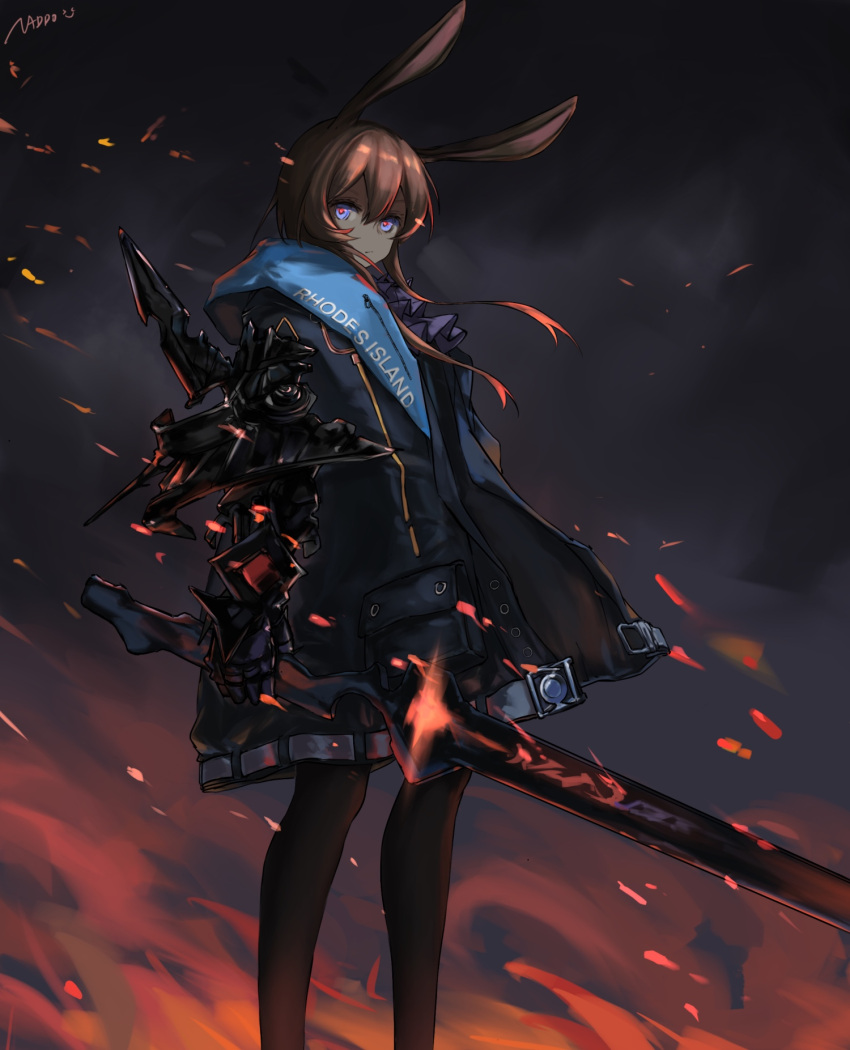 1girl amiya_(arknights) animal_ears arknights bangs black_jacket black_legwear blue_eyes brown_hair commentary_request cowboy_shot expressionless eyebrows_visible_through_hair hair_between_eyes highres holding holding_sword holding_weapon jacket long_sleeves looking_at_viewer omuretu_(butterroru) open_clothes open_jacket pantyhose rabbit_ears red_pupils shirt sidelocks solo sword weapon