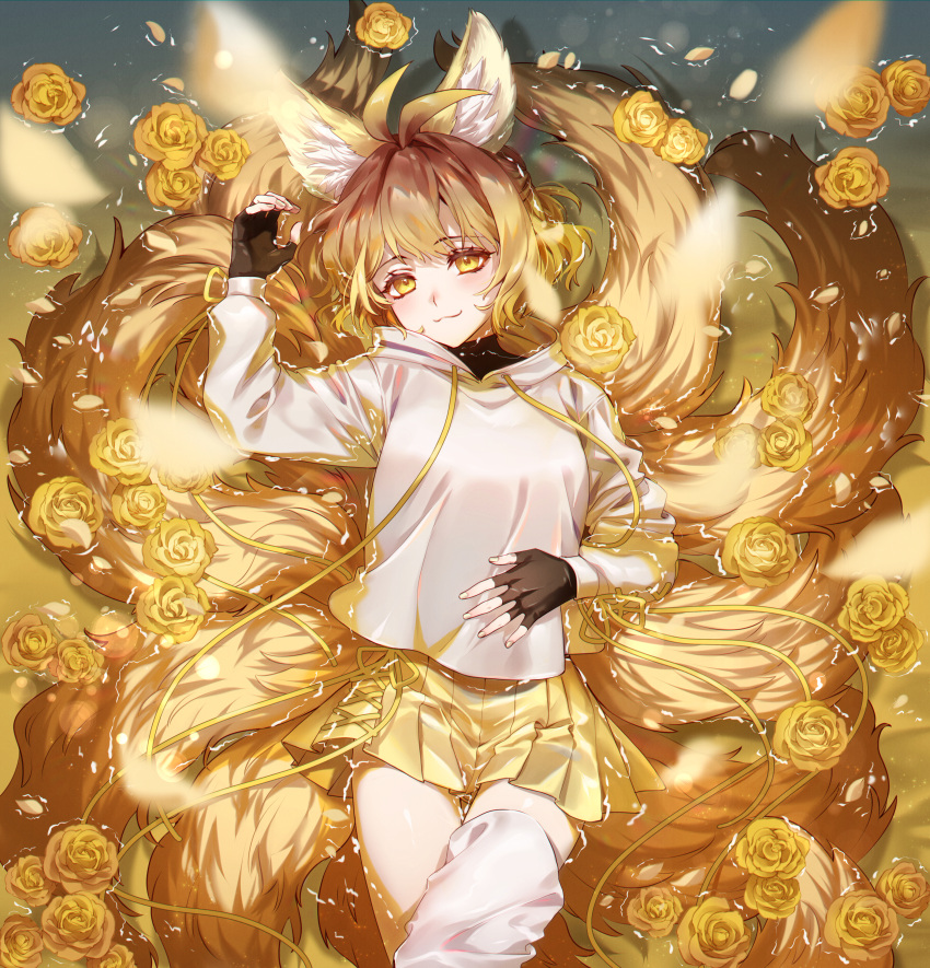 1girl :3 absurdres animal_ears antenna_hair arm_up bangs black_gloves brown_eyes brown_hair closed_mouth commission drawstring eyebrows_visible_through_hair fingerless_gloves flower fox_ears fox_girl fox_tail gloves highres hood hood_down hoodie huge_filesize kyuubi lying multiple_tails ninto on_back original pleated_skirt rose shallow_water single_thighhigh skirt smile solo tail thigh-highs water white_hoodie white_legwear yellow_flower yellow_rose yellow_skirt