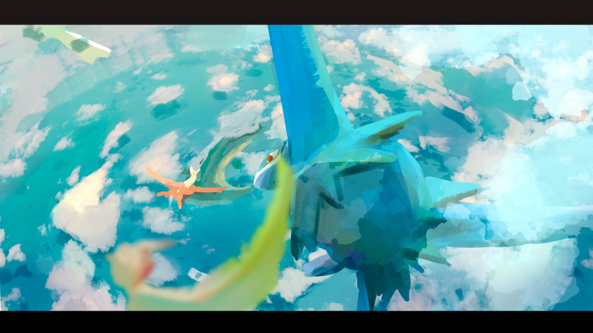 absurdres animal_focus aqua_theme bird blurry_foreground closed_mouth commentary_request dragon feathers flying from_above from_behind full_body gen_3_pokemon highres island latias latios legendary_pokemon letterboxed midair no_humans ocean pokemon pokemon_(creature) red_eyes umi_hire water wingull