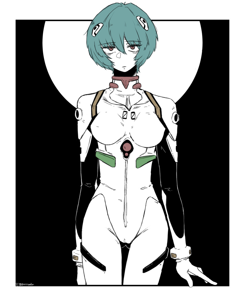 1girl absurdres ayanami_rei bangs blue_hair bodysuit breasts closed_mouth eyebrows_visible_through_hair hair_between_eyes highres interface_headset medium_breasts neon_genesis_evangelion plugsuit red_eyes short_hair signature simple_background solo taida twitter_username two-tone_background white_bodysuit