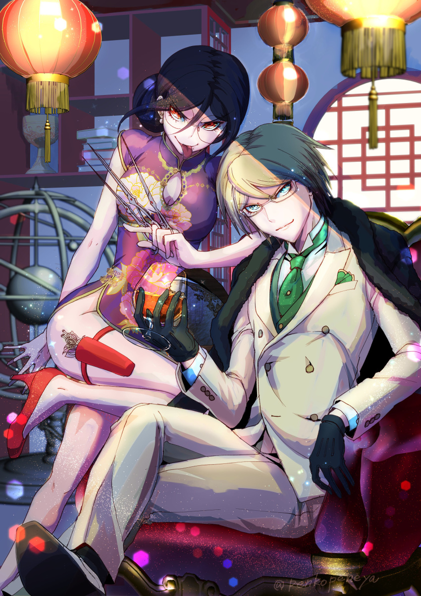 1boy 1girl absurdres alternate_hairstyle architecture bare_arms black_footwear black_gloves blonde_hair blue_eyes book breasts chair china_dress chinese_clothes cleavage_cutout clothing_cutout commentary_request cup dangan_ronpa:_trigger_happy_havoc dangan_ronpa_(series) dress drinking_glass east_asian_architecture eyelashes feet_out_of_frame formal full_body genocider_shou glasses gloves green_neckwear hair_bun hair_up high_heels highres holding holding_cup holding_scissors indoors koutei_penko lantern large_breasts lens_flare long_hair long_sleeves long_tongue looking_at_viewer necktie official_alternate_costume paper_lantern pelvic_curtain purple_dress purple_hair red_eyes red_footwear scissors shaded_face shelf short_hair short_sleeves side_slit smile smirk suit thigh_pouch togami_byakuya tongue tongue_out white_suit wine_glass