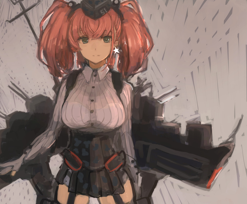 1girl atlanta_(kantai_collection) black_headwear black_skirt brown_hair buttons closed_mouth collared_shirt cowboy_shot earrings garrison_cap grey_eyes hair_between_eyes hat high-waist_skirt highres jewelry kantai_collection long_hair long_sleeves machinery moor pleated_skirt rigging shirt single_earring skirt solo star_(symbol) star_earrings suspender_skirt suspenders turret two_side_up white_shirt