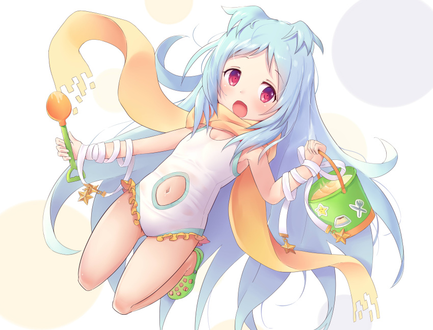 1girl absurdres blue_hair bucket casual_one-piece_swimsuit clothing_cutout green_footwear highres long_hair miyako_(princess_connect!) navel navel_cutout one-piece_swimsuit open_mouth princess_connect! red_eyes scarf shoes shovel solo spectra swimsuit very_long_hair white_swimsuit yellow_scarf