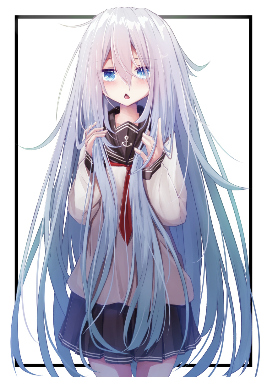 1girl absurdres bangs black_sailor_collar black_skirt blue_eyes blue_hair chestnut_mouth commentary_request cowboy_shot eyebrows_visible_through_hair gradient_hair hair_between_eyes hands_in_hair hands_up hibiki_(kantai_collection) highres kantai_collection long_hair long_sleeves looking_at_viewer multicolored_hair open_mouth pleated_skirt red_neckwear sailor_collar school_uniform serafuku shirt silver_hair skirt sleeves_past_wrists solo standing su_ha_ya very_long_hair white_background white_shirt