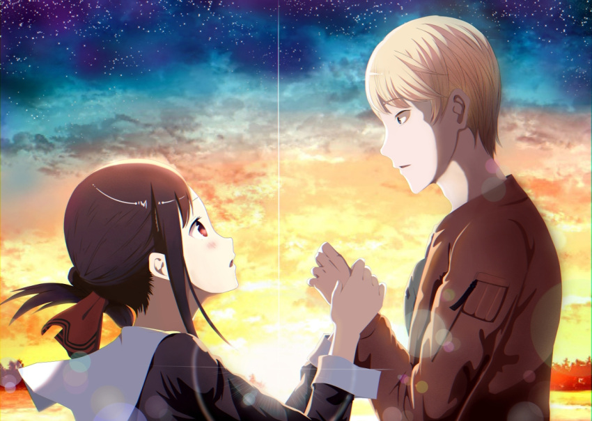 holding_hands kaguya-sama_wa_kokurasetai_~tensai-tachi_no_renai_zunousen~ shinomiya_kaguya shirogane_miyuki sunset