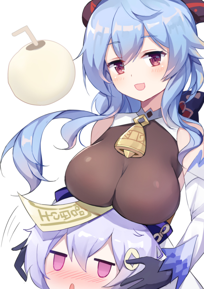2girls :d absurdres bare_shoulders bell blue_hair blush bow breast_rest breasts coconut commentary cowbell drink drinking_straw feng_mao_mc ganyu_(genshin_impact) genshin_impact hair_bow half-closed_eyes hat highres jiangshi large_breasts looking_at_viewer multiple_girls open_mouth purple_hair qiqi simple_background smile violet_eyes white_background
