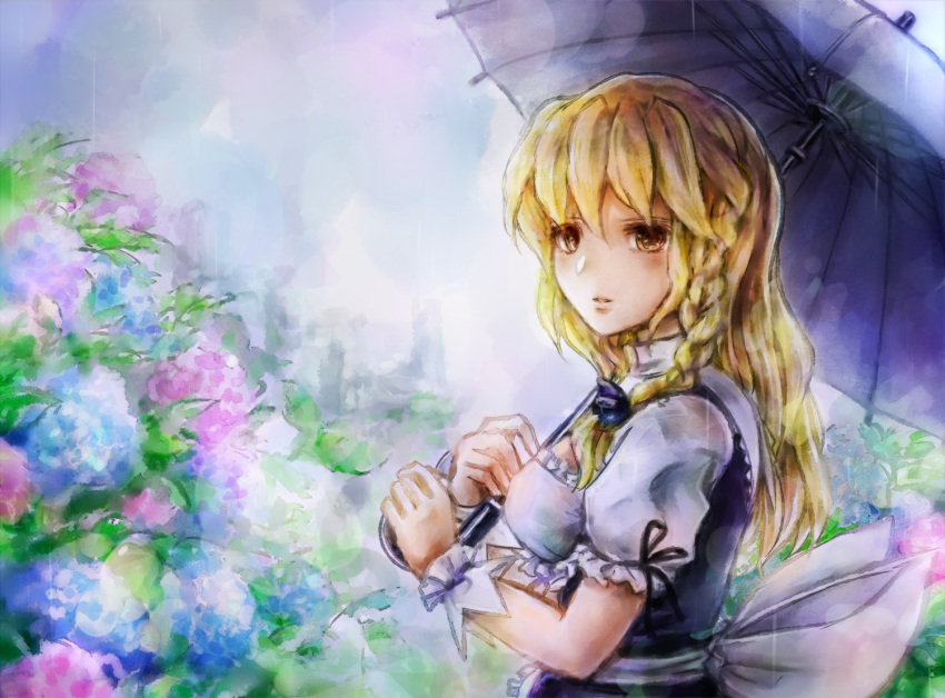 1girl apron bangs black_dress blonde_hair blouse blue_flower blush bow braid breasts brown_eyes cleavage_cutout clothing_cutout commentary_request cookie_(touhou) day dress flower frilled_blouse hair_bow holding holding_umbrella ketsuholdes kirisame_marisa large_bow long_hair looking_at_viewer mars_(cookie) medium_breasts no_headwear outdoors painterly parted_lips pink_flower puffy_short_sleeves puffy_sleeves purple_bow rain short_sleeves single_braid solo standing touhou umbrella upper_body white_apron white_blouse white_bow