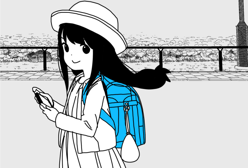 1girl backpack bag closed_mouth commentary_request dot_nose dress floating_hair grass grey_background greyscale handheld_game_console happy hat holding holding_handheld_game_console jacket katsuwo_(cr66g) kotoha_(mitsuboshi_colors) long_hair long_sleeves looking_at_viewer mitsuboshi_colors monochrome open_clothes open_jacket outdoors plant randoseru road smile solo spot_color standing street